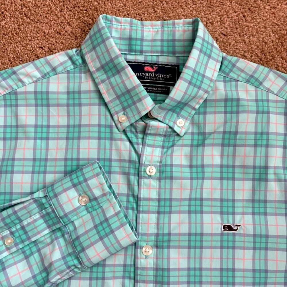 Vineyard Vines Whale Shirt Mens Small Teal Pink Plaid Slim Fit Stretch Excellent